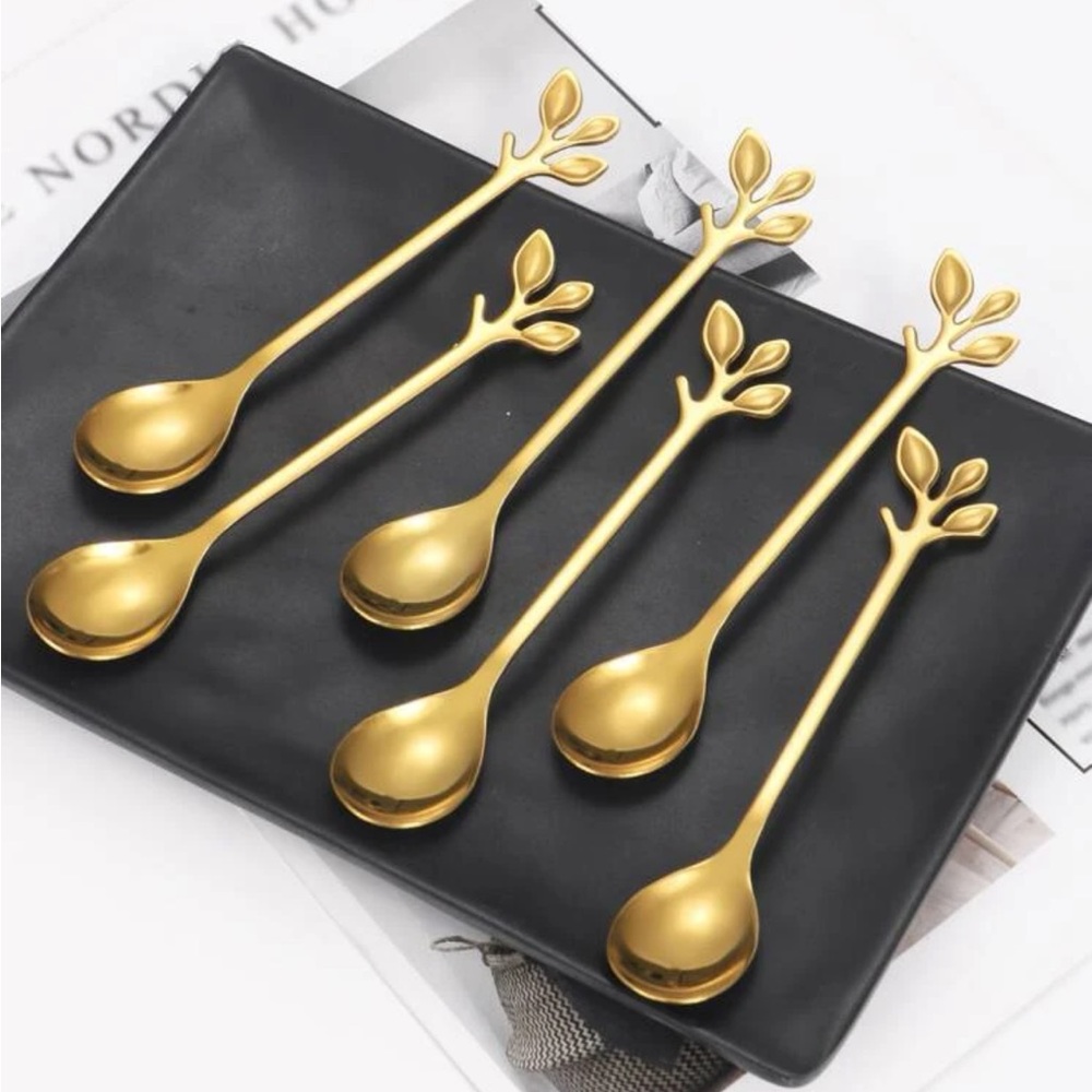 6 piece set leaf design Gold stainless steel mini spoons